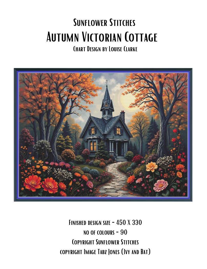 Digital download cover page for the Autumn Victorian Cottage full-coverage printable PDF pattern.
