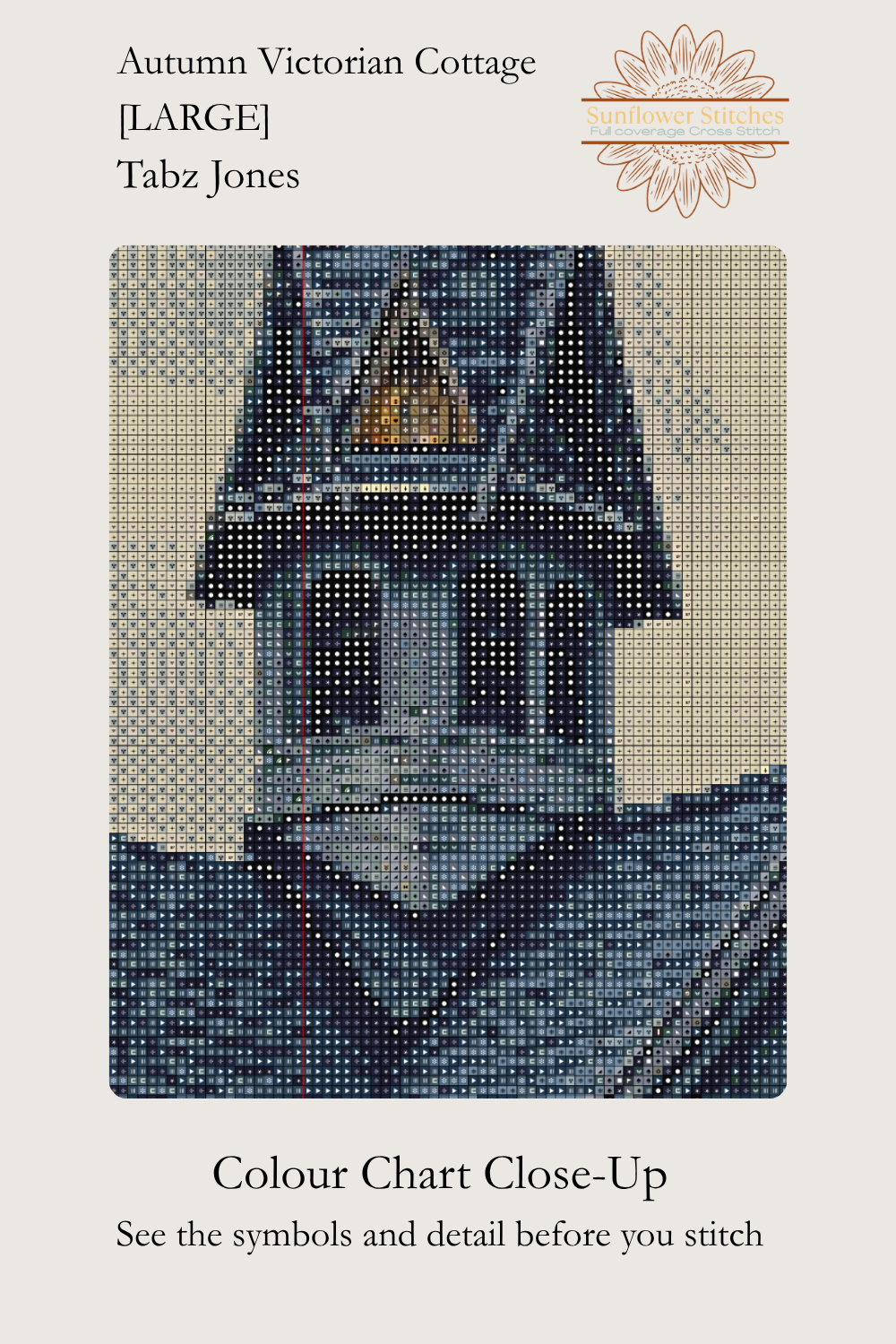 Close-up of the counted cross-stitch symbols and design for the Autumn Victorian Cottage [LARGE] digital PDF.
