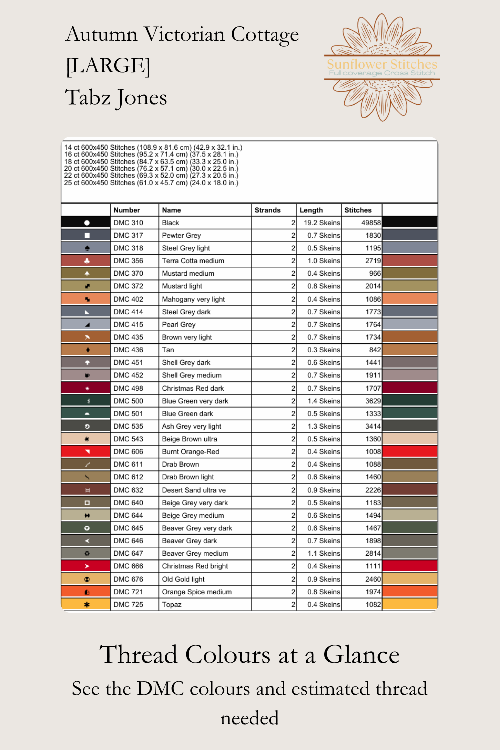 DMC thread color symbol chart and floss key for the Autumn Victorian Cottage [LARGE] digital download.