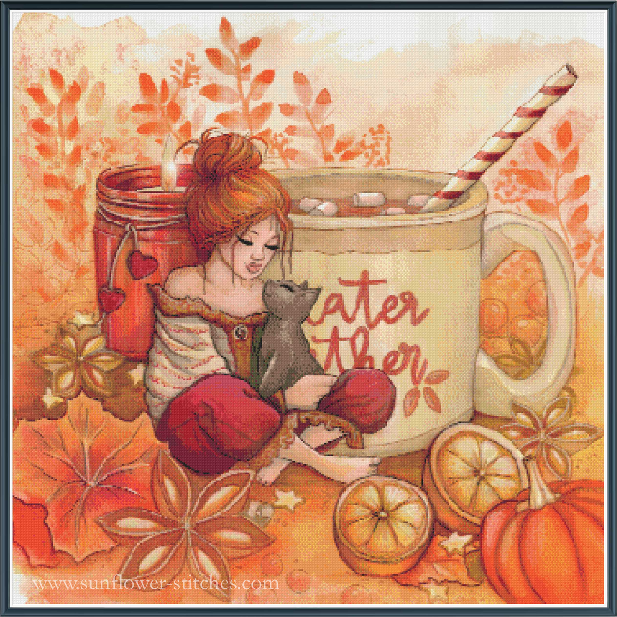 An autumn-themed cross-stitch pattern illustration featuring a young girl with red hair sitting by a hot cocoa mug with a striped straw, surrounded by fall leaves, pumpkins, star anise, and a mason jar. 