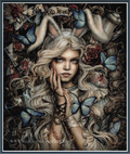 Full coverage cross stitch of a woman with rabbit ears, butterflies, and floral elements.
