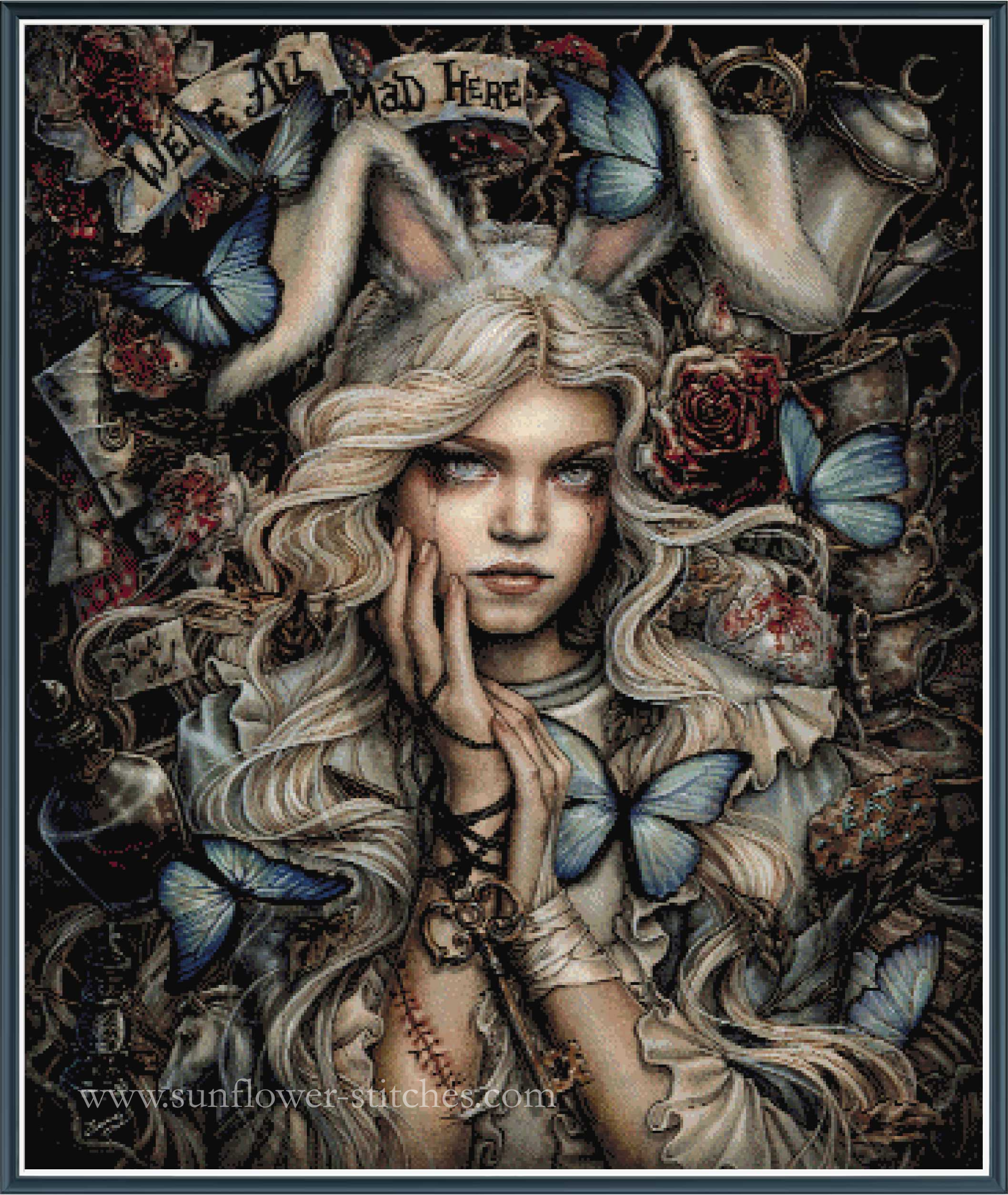 Full coverage cross stitch of a woman with rabbit ears, butterflies, and floral elements.