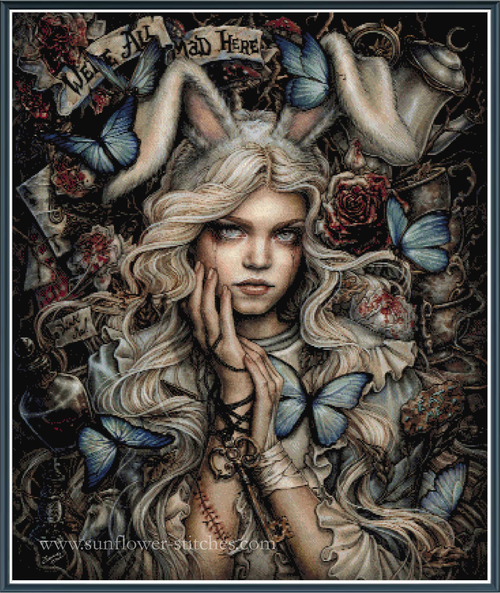 Full coverage cross stitch of a woman with rabbit ears, butterflies, and floral elements.