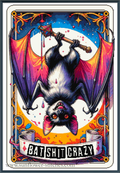 A stylized tarot card design featuring a hanging bat with wings spread, holding a dagger, against a moonlit sky. The card includes ornate gold decorative borders, a white banner at the bottom reading 'BAT SHIT CRAZY,'