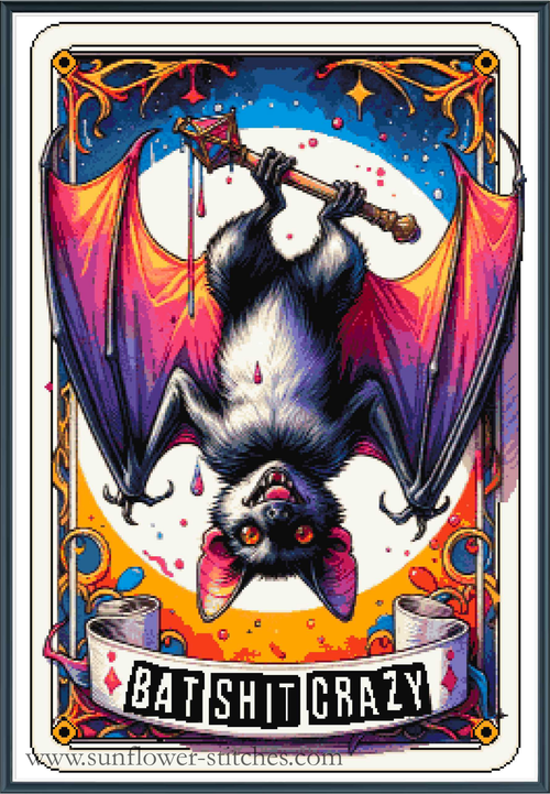 A stylized tarot card design featuring a hanging bat with wings spread, holding a dagger, against a moonlit sky. The card includes ornate gold decorative borders, a white banner at the bottom reading 'BAT SHIT CRAZY,'