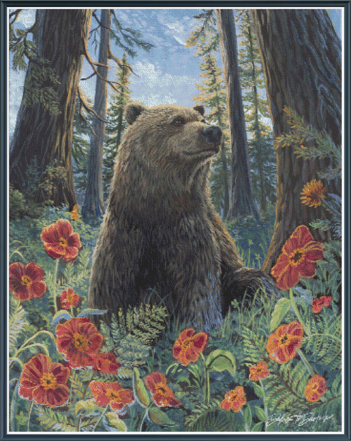 Digital PDF full-coverage cross-stitch chart of a bear among forest poppies, Bear With Poppies by Sunflower Stitches.
