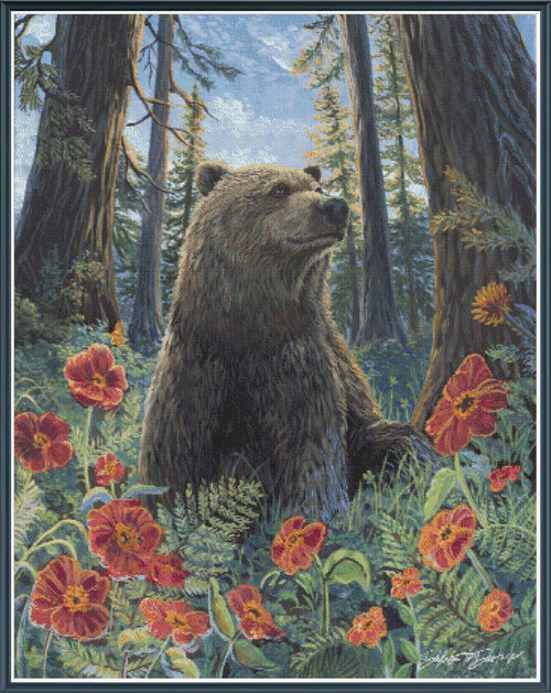 Digital PDF full-coverage cross-stitch chart of a bear among forest poppies, Bear With Poppies by Sunflower Stitches.