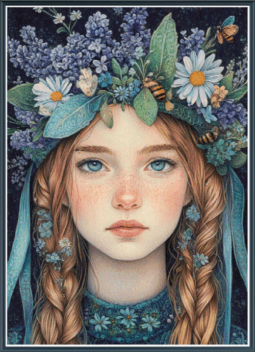 Digital PDF full-coverage cross-stitch chart of a girl with a floral crown, Beltane Beauty by Sunflower Stitches.