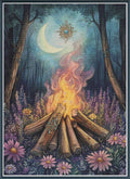 Digital PDF full-coverage cross-stitch chart of a bonfire beneath a crescent moon, Beltane Bonfire by Sunflower Stitches.