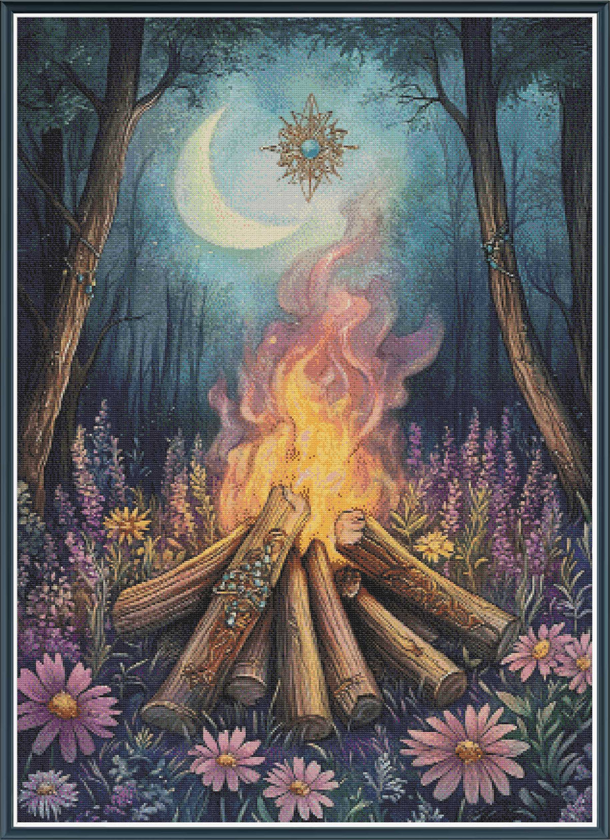 Digital PDF full-coverage cross-stitch chart of a bonfire beneath a crescent moon, Beltane Bonfire by Sunflower Stitches.