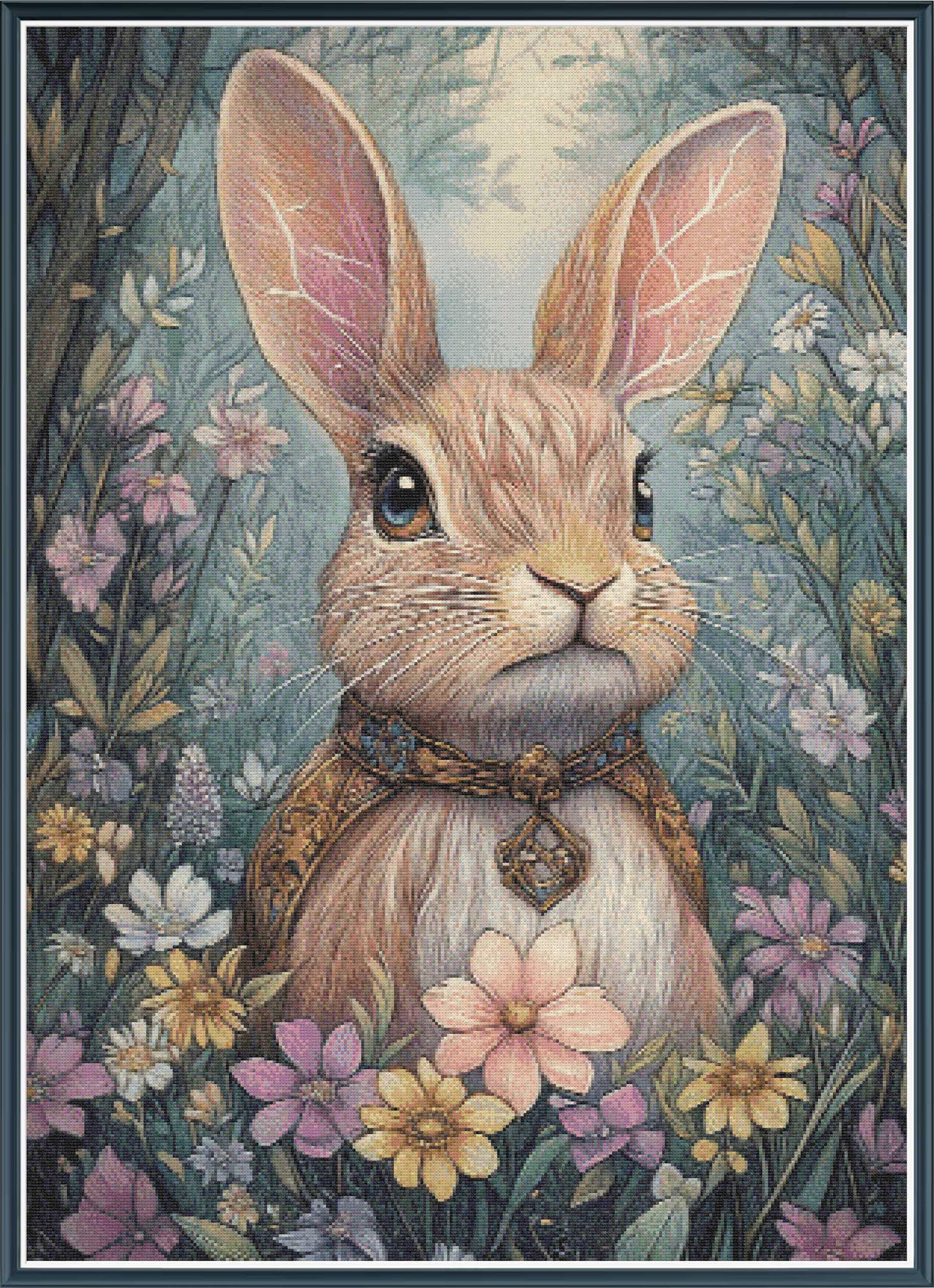 Digital PDF full-coverage cross-stitch chart of a rabbit among flowers, Beltane Bunny by Sunflower Stitches.