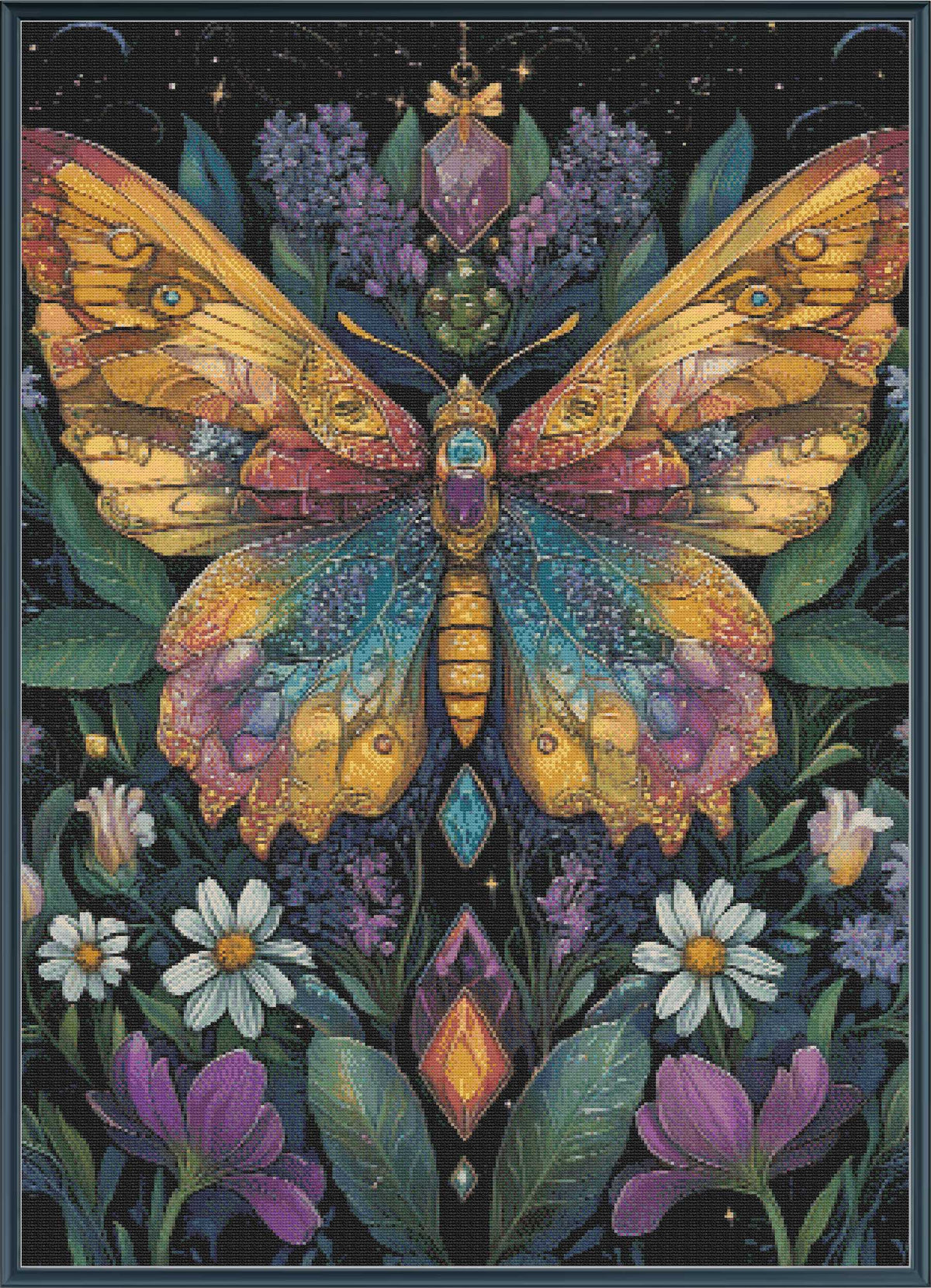 Digital PDF full-coverage cross-stitch chart of a butterfly among flowers, Beltane Butterfly by Sunflower Stitches.