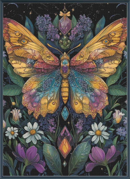 Digital PDF full-coverage cross-stitch chart of a butterfly among flowers, Beltane Butterfly by Sunflower Stitches.