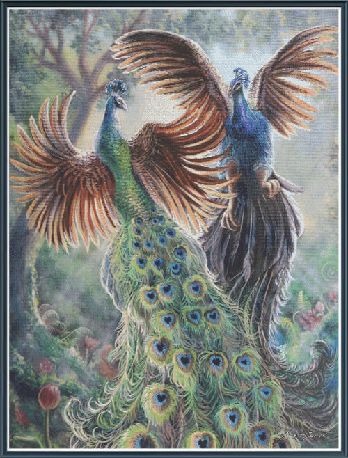 Digital PDF full-coverage cross-stitch chart of two peacocks with spread wings, Birds of a Feather by Sunflower Stitches.