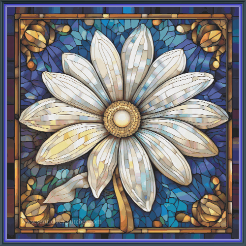 Digital PDF full-coverage cross-stitch chart of a stained-glass-style daisy, Birth Month April Daisy by Sunflower Stitches.