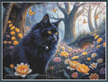 A full coverage cross stitch design featuring a fluffy black cat with glowing yellow eyes sitting in a magical forest of flowers and trees. Butterflies flutter around, and the scene is framed by a dark border.