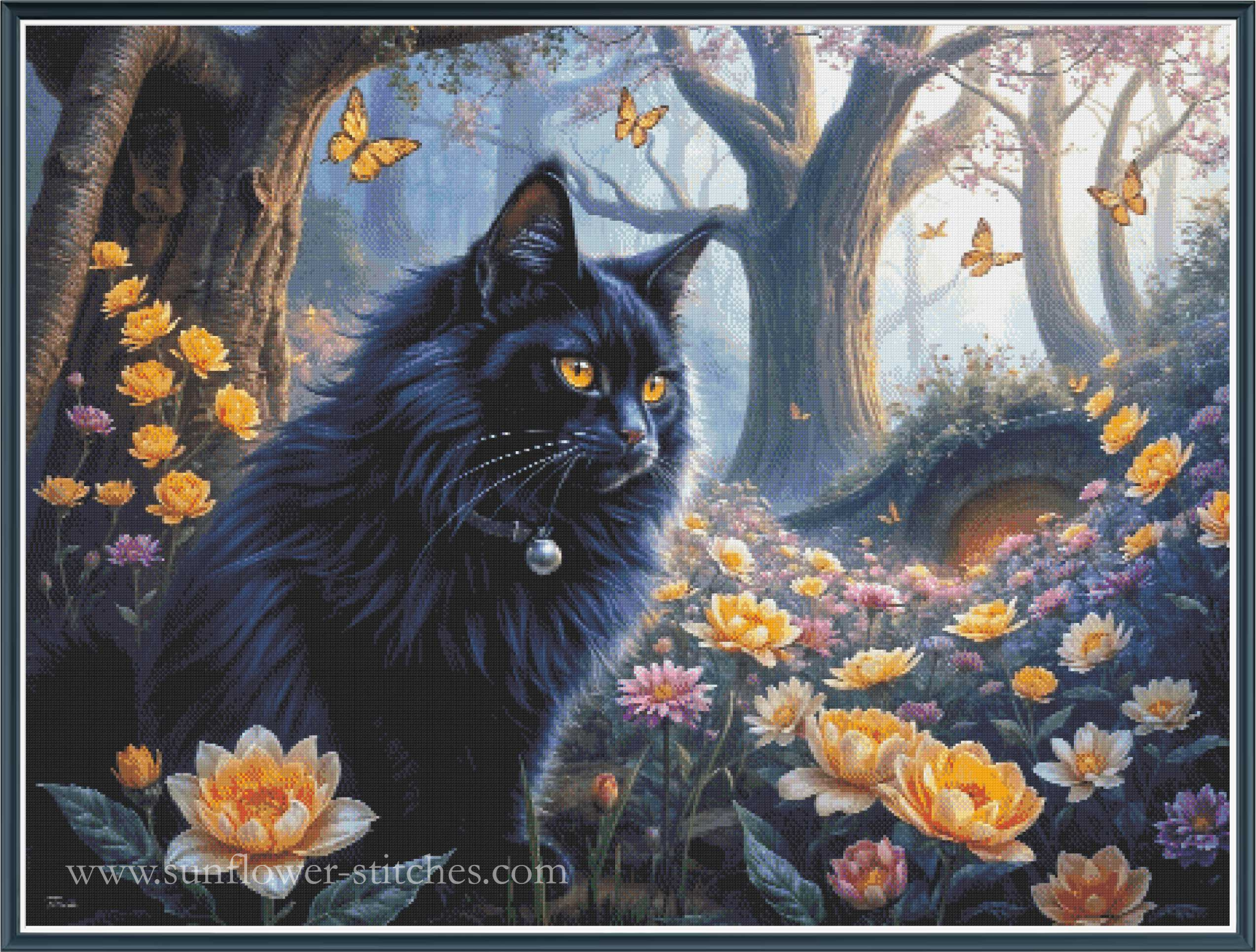 A full coverage cross stitch design featuring a fluffy black cat with glowing yellow eyes sitting in a magical forest of flowers and trees. Butterflies flutter around, and the scene is framed by a dark border.