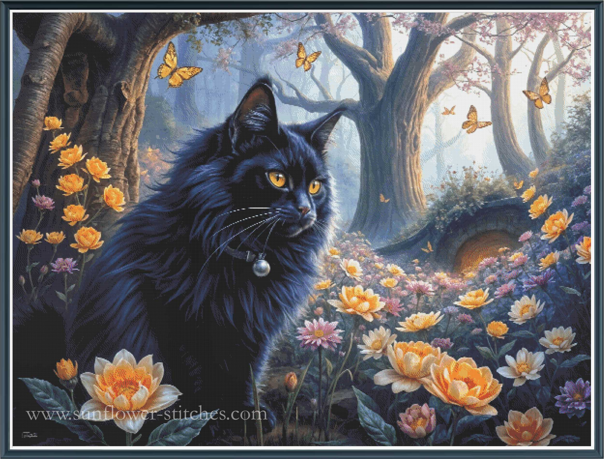 A fantasy-style cross stitch of a fluffy black cat with yellow eyes sitting in a flower-filled forest, surrounded by trees, butterflies, and colorful blossoms. The artwork fills the frame with a thin dark border and a visible website watermark near the bottom.