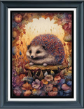 Full coverage cross stitch  of a hedgehog in a colorful autumnal setting with flowers and leaves