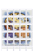 Boo! chart page map showing the dragon, pumpkin and ghost design divided into numbered cross-stitch chart pages