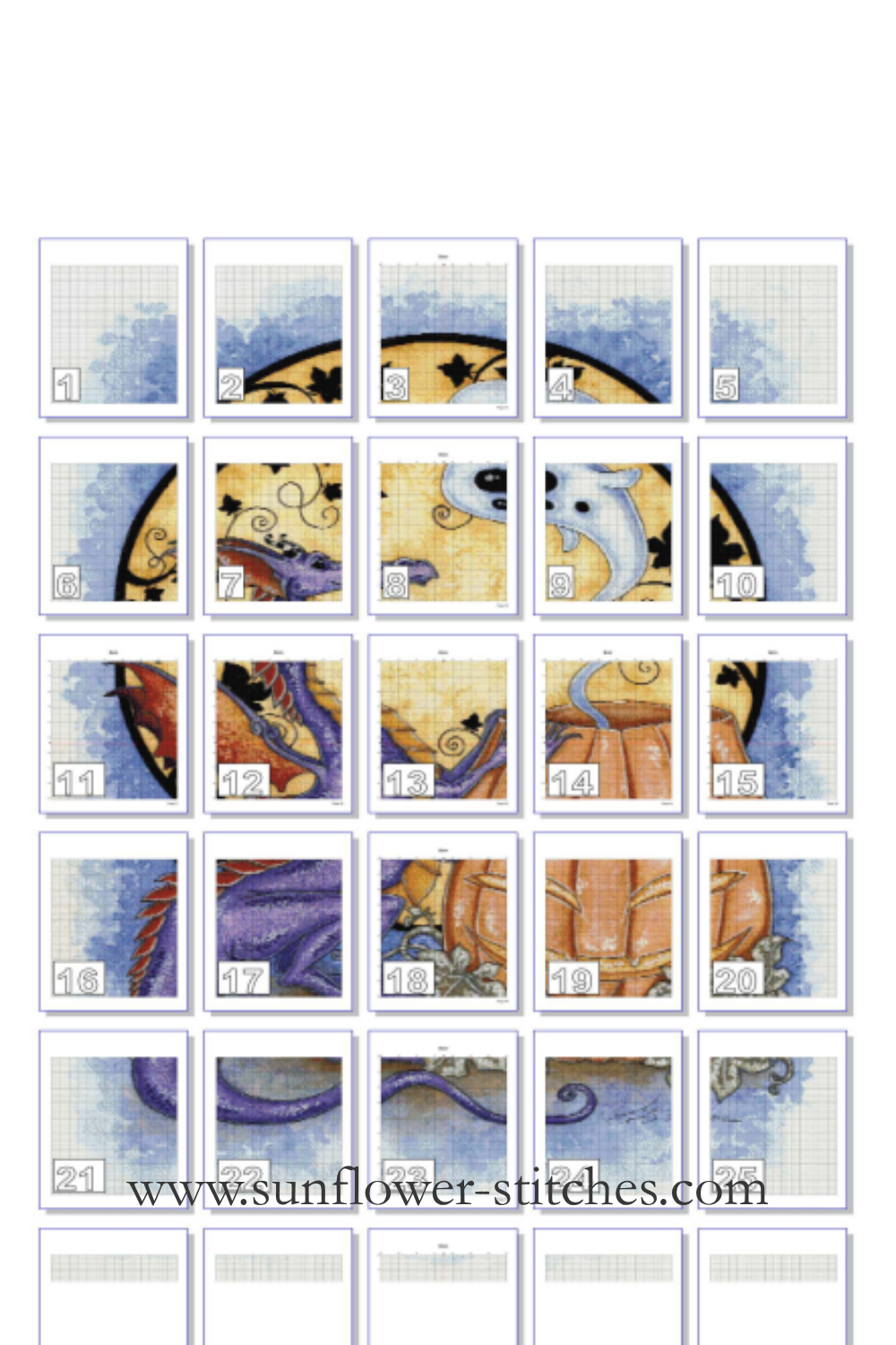 Boo! chart page map showing the dragon, pumpkin and ghost design divided into numbered cross-stitch chart pages