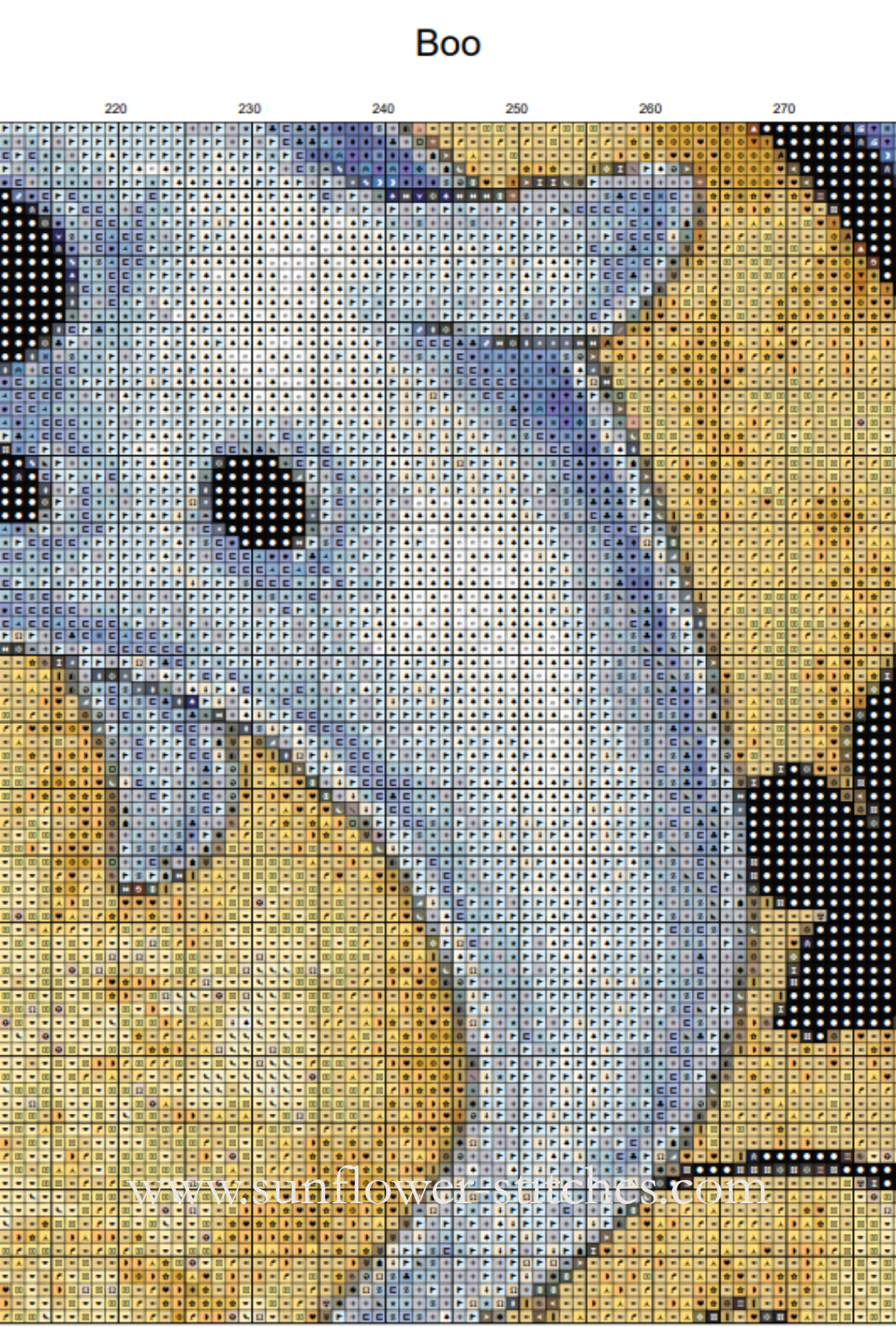 Boo! colour chart close-up showing the white ghost against a golden moon beneath a grid of cross-stitch symbols.