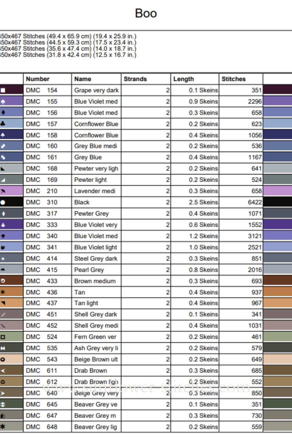 Boo! thread key showing DMC colour numbers, swatches, chart symbols and estimated thread quantities.