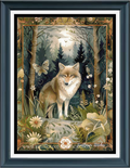 Framed cross stitch featuring a detailed woodland scene with a fox standing in a moonlit forest, surrounded by flowers, butterflies, and ornate decorative borders. The artwork is presented in a dark teal frame with white matting.