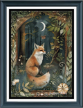 A framed fantasy cross stitch featuring an orange fox in a moonlit forest with a crescent moon, butterfly, and ornate floral border. The artwork is presented in a dark blue frame with a white mat.