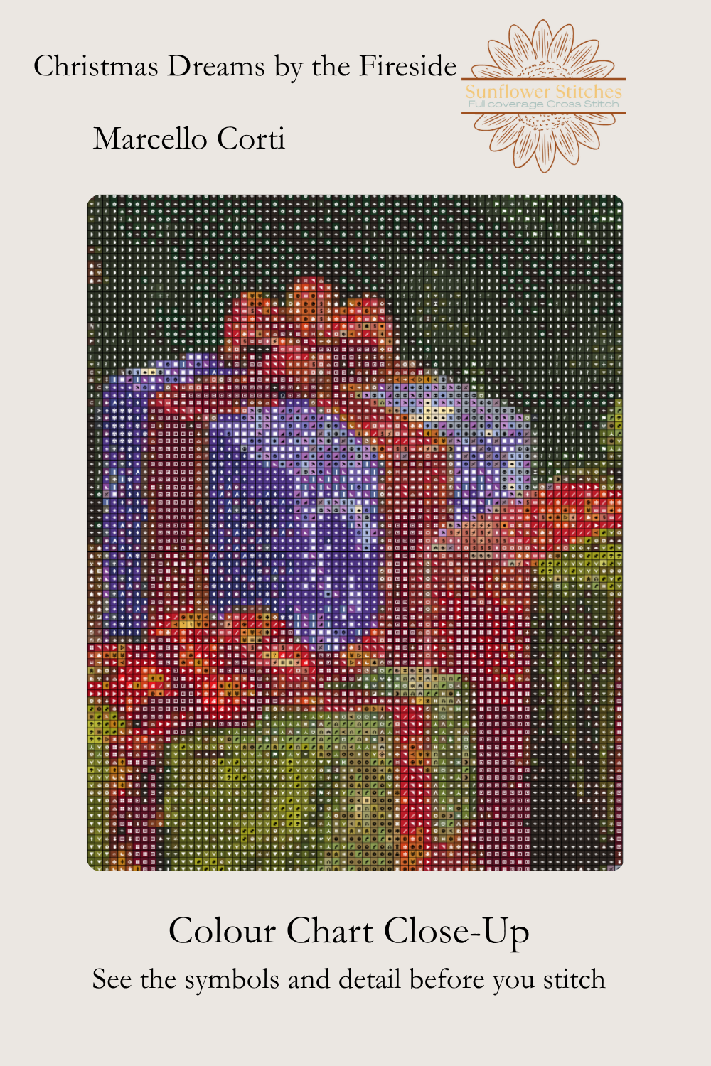 Christmas Dreams by the Fireside cross stitch colour chart close-up by Sunflower Stitches showing a detailed preview of the wrapped presents and chart symbols.