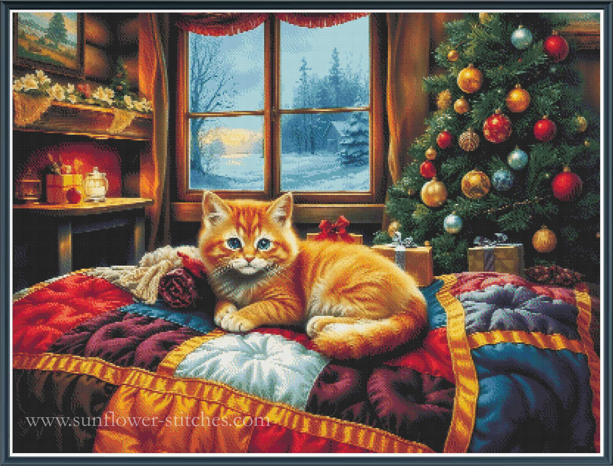A festive holiday scene featuring an orange tabby kitten lying on a quilted bedspread in a cozy room, with a decorated Christmas tree, window showing a snowy winter landscape, and wrapped gifts.