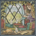 A whimsical cross stitch showing a woman with long light brown hair sewing at a window, with three small white mice around stacked books and scrolls in the foreground. The composition is framed by leafy vines and stars, with a soft pastel palette