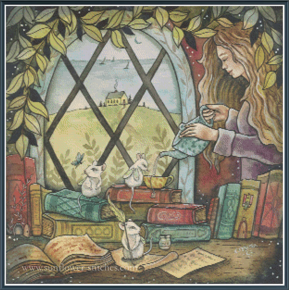 A whimsical cross stitch showing a woman with long light brown hair sewing at a window, with three small white mice around stacked books and scrolls in the foreground. The composition is framed by leafy vines and stars, with a soft pastel palette