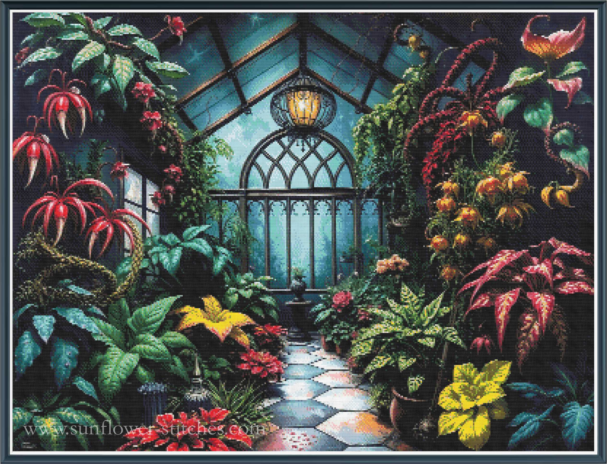 A detailed full coverage cross-stitch pattern design depicting a lush tropical greenhouse interior with a tiled path leading to an arched window, surrounded by vibrant red, yellow, and green plants under a glass arched roof.