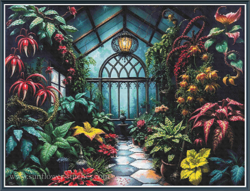 A detailed full coverage cross-stitch pattern design depicting a lush tropical greenhouse interior with a tiled path leading to an arched window, surrounded by vibrant red, yellow, and green plants under a glass arched roof.