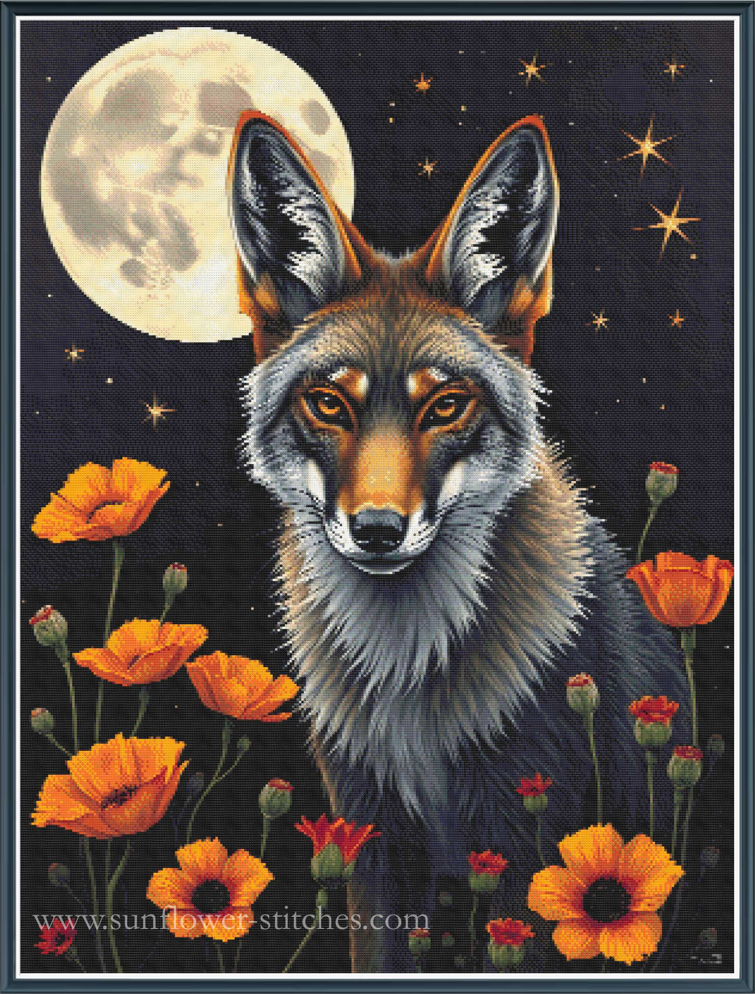 A stylized cross stitch of a coyote head and upper body centered against a dark night sky with a large moon, stars, and orange flowers in the foreground.