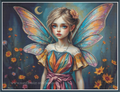Fantasy-style cross stitch of a young fairy girl with large iridescent wings, a floral hair accessory, and a colorful dress, standing in a field of flowers under a crescent moon. The image appears to be the artwork itself rather than a photo of a physical product in a room.