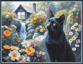 A black cat with yellow eyes sits in a lush garden beside a small waterfall and a rustic cabin, surrounded by colorful flowers. The scene is framed by a dark border.