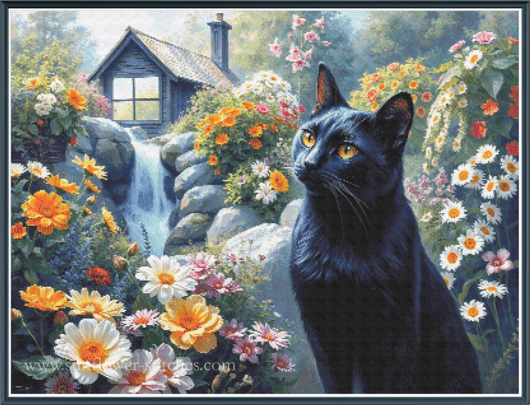 A black cat with yellow eyes sits in a lush garden beside a small waterfall and a rustic cabin, surrounded by colorful flowers. The scene is framed by a dark border.