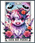 A stylized cross stitch tarot card design featuring a fluffy pastel cow with pink, purple, and blue tones, surrounded by roses, bats, a moon, and the text 'MAD COW' at the top and 'CUTE BUT PSYCHO' at the bottom.