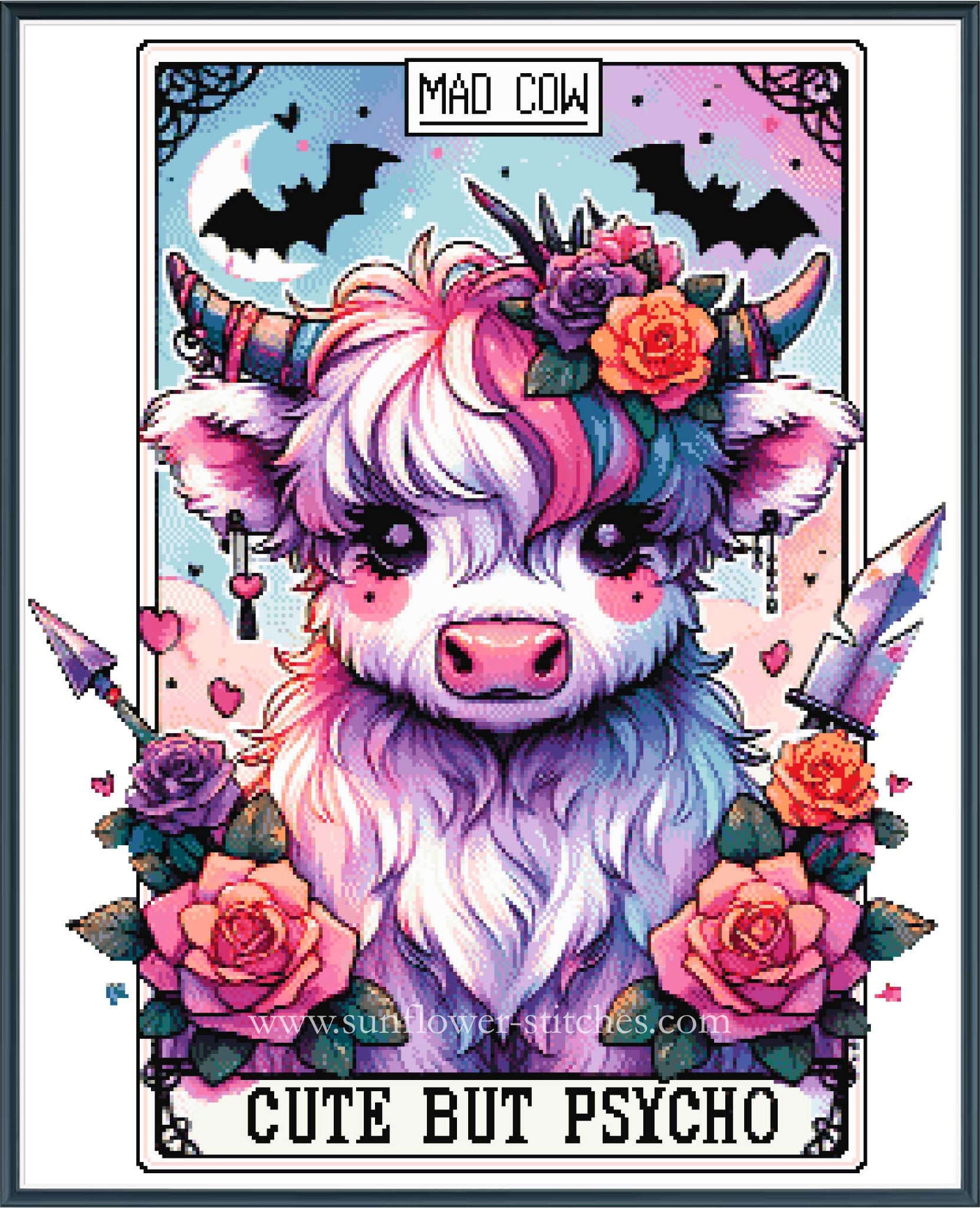 A stylized cross stitch tarot card design featuring a fluffy pastel cow with pink, purple, and blue tones, surrounded by roses, bats, a moon, and the text 'MAD COW' at the top and 'CUTE BUT PSYCHO' at the bottom.