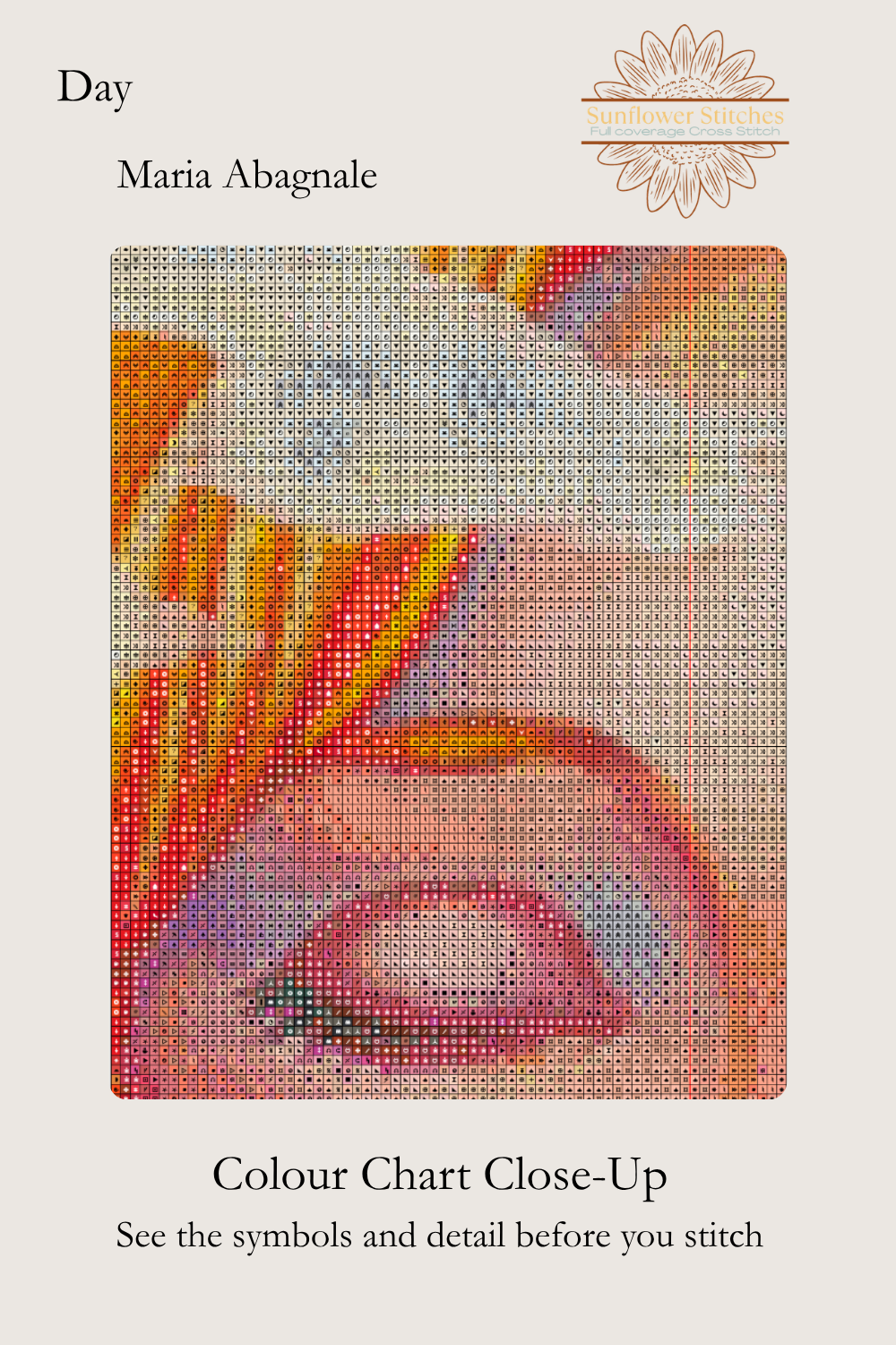 Close-up of the counted cross-stitch symbols and design for the Day digital PDF.