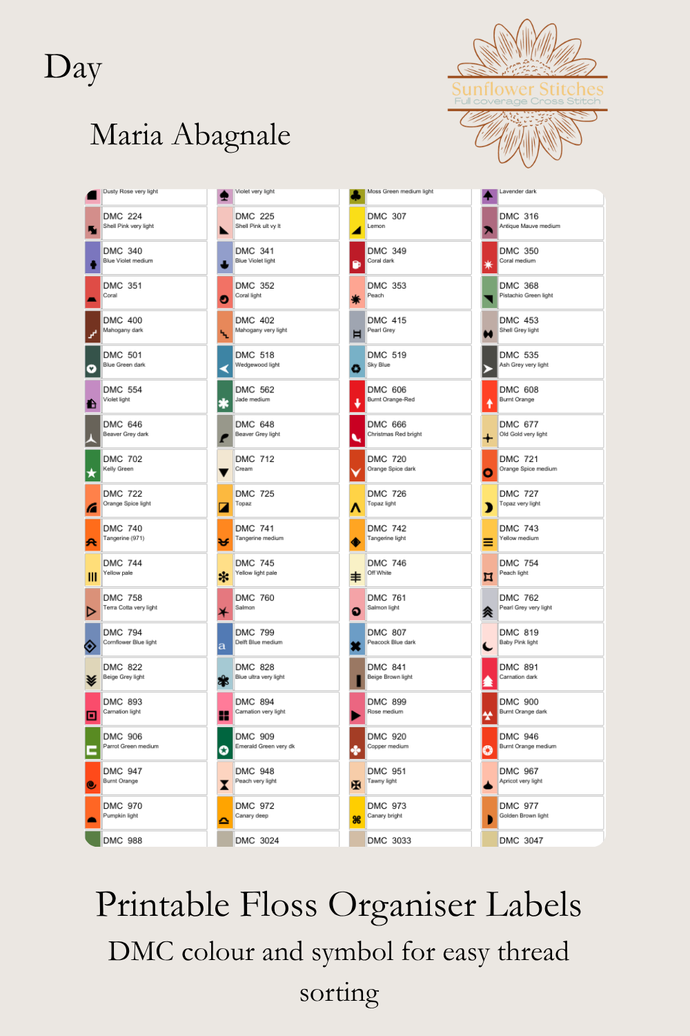 Printable DMC floss organizer labels included with the Day download.
