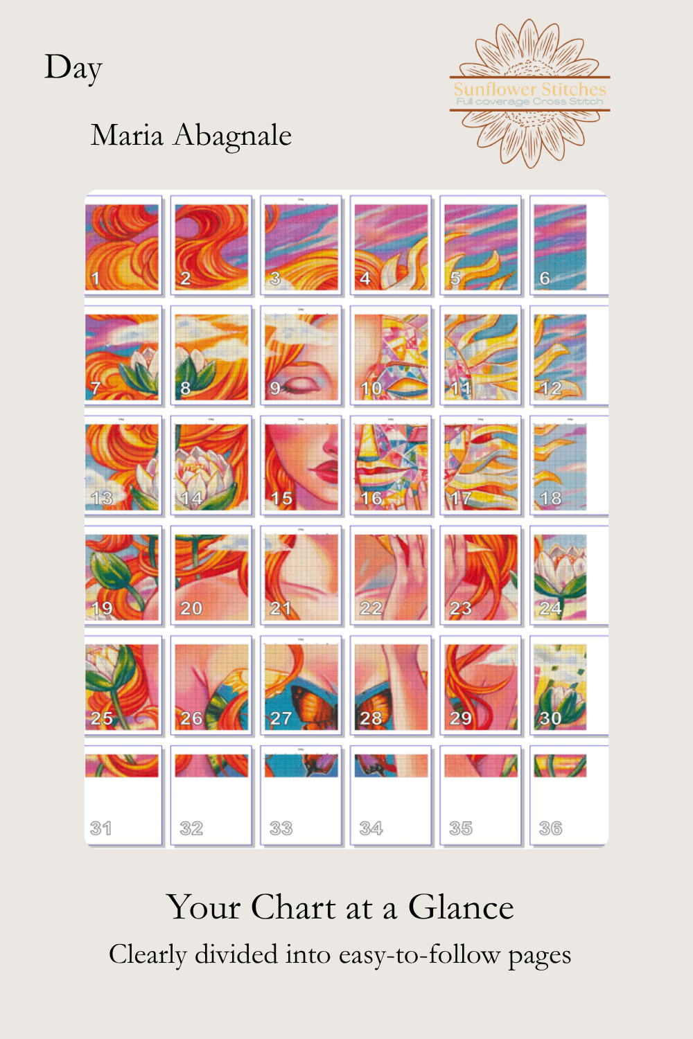 Printable PDF pattern page map layout for the Day cross-stitch project.