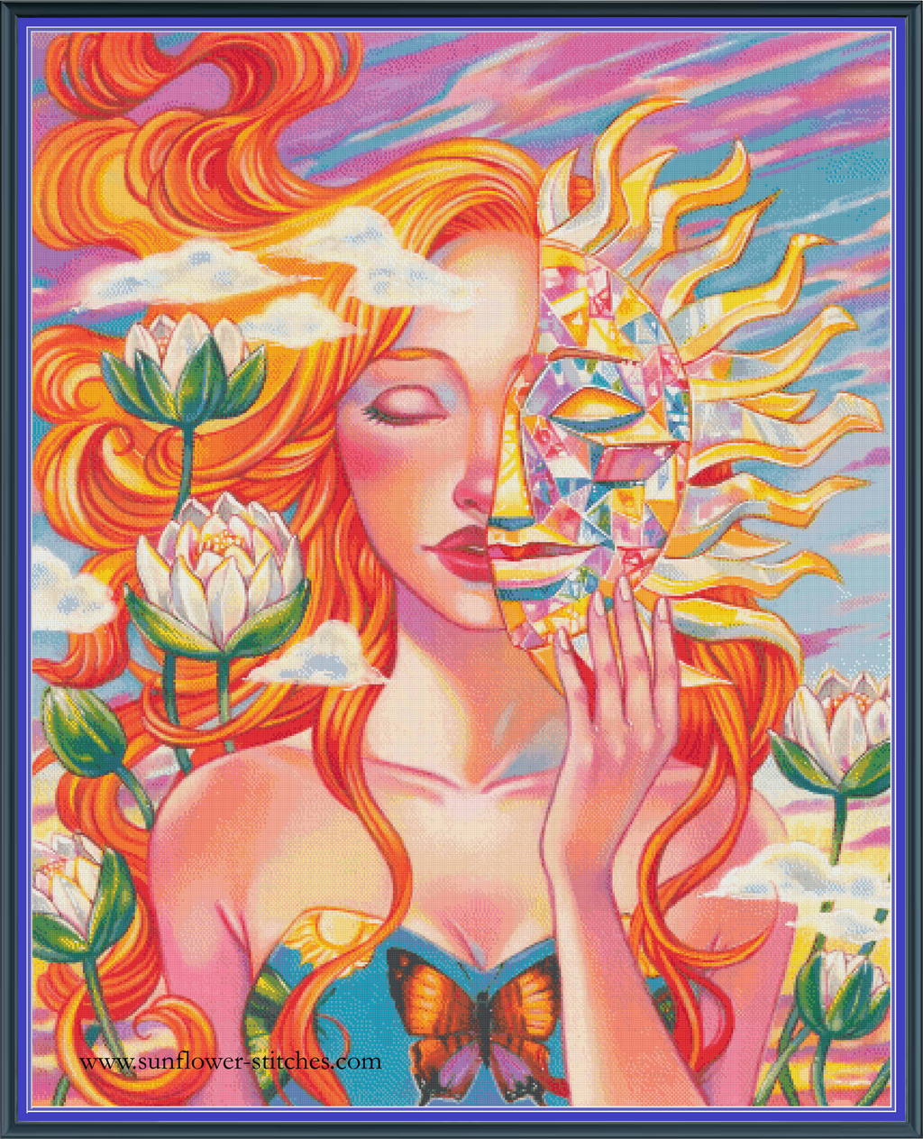 Digital PDF full-coverage cross-stitch chart of an orange-haired woman with a sun mask, Day by Sunflower Stitches.