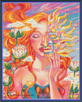 Digital PDF full-coverage cross-stitch chart of an orange-haired woman with a sun mask, Day by Sunflower Stitches.