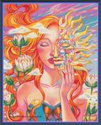 Digital PDF full-coverage cross-stitch chart of an orange-haired woman with a sun mask, Day by Sunflower Stitches.