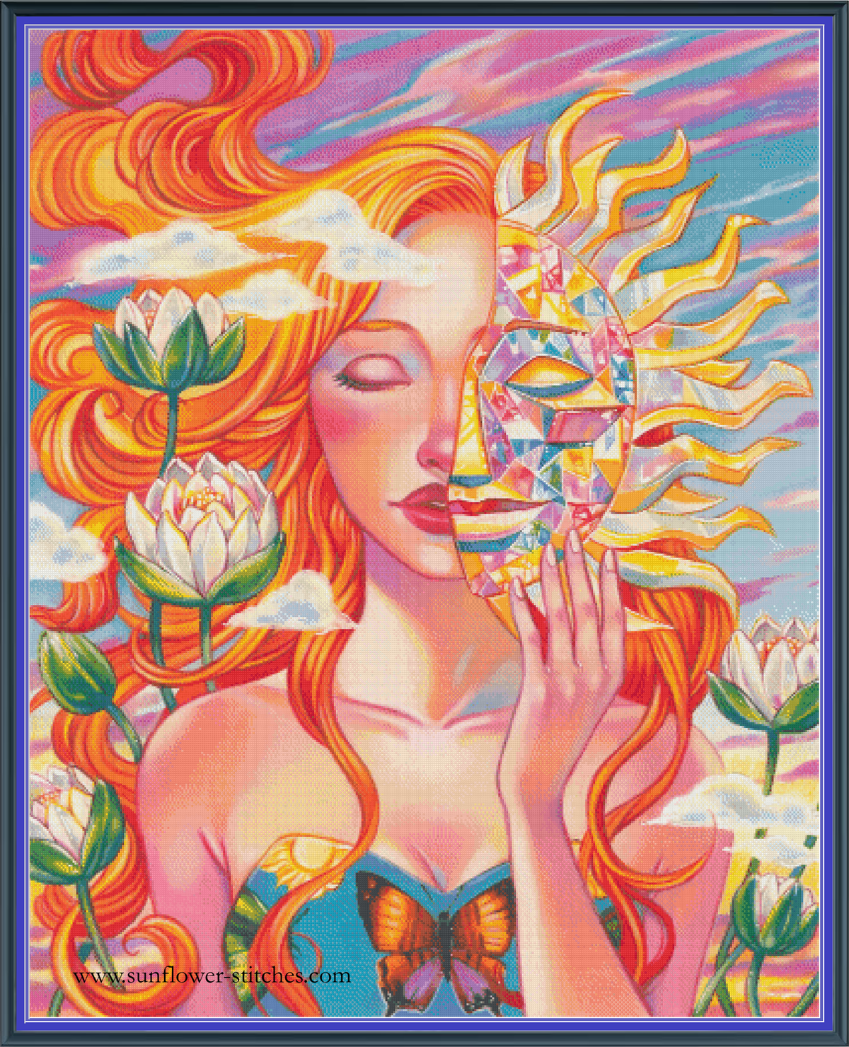 Digital PDF full-coverage cross-stitch chart of an orange-haired woman with a sun mask, Day by Sunflower Stitches.