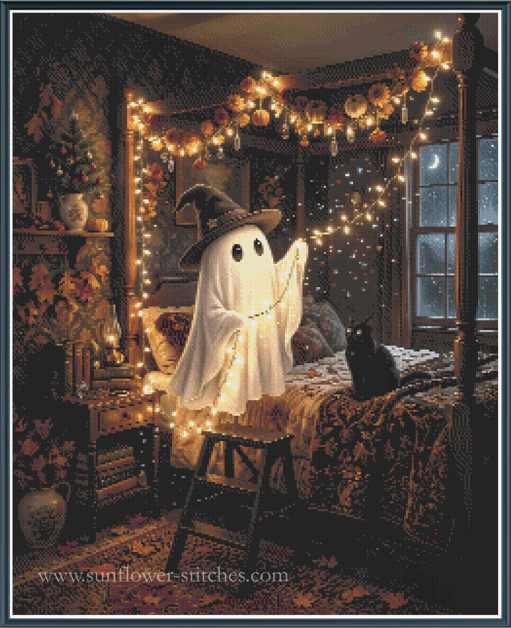 A full coverage cross stitch featuring a  cozy Halloween-themed bedroom scene with a ghost in a witch hat on a bed, warm string lights, autumn wallpaper, a black cat, and a window at night.