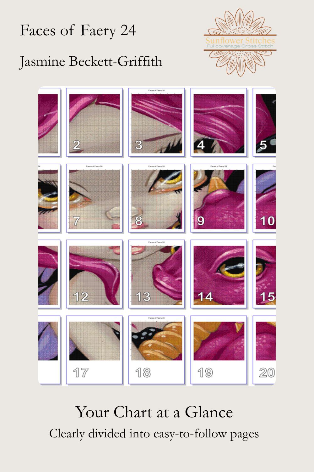 Faces of Faery 24 page map showing the fairy and magenta dragon design divided into 20 numbered chart pages.